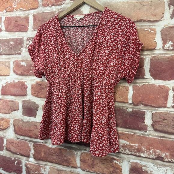 Sim & Sam Top Shirt Women's Large Red Multicolor Ditsy Floral Casual Popover - Picture 3 of 8